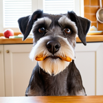 **

A Miniature Schnauzer intently staring at a high-value treat (cooked chicken), held just out of reach. The dog's head is slightly tilted, showing curiosity and focus. Background is a bright, inviting kitchen.

**