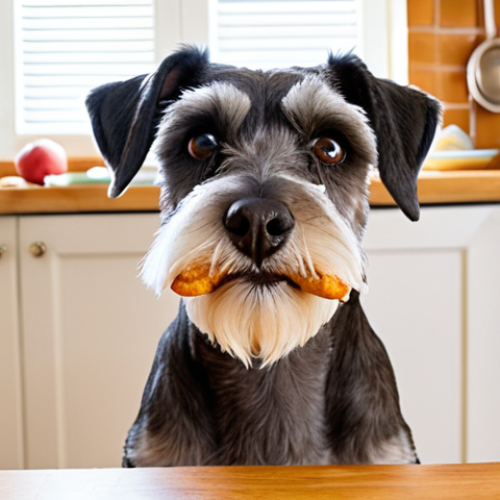 Home 4 **
A Miniature Schnauzer intently staring at a high-value treat (cooked chicken), held just out of reach. The dog's head is slightly tilted, showing curiosity and focus. Background is a bright, inviting kitchen.
**
