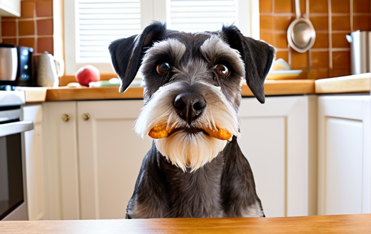 **
A Miniature Schnauzer intently staring at a high-value treat (cooked chicken), held just out of reach. The dog's head is slightly tilted, showing curiosity and focus. Background is a bright, inviting kitchen.
**