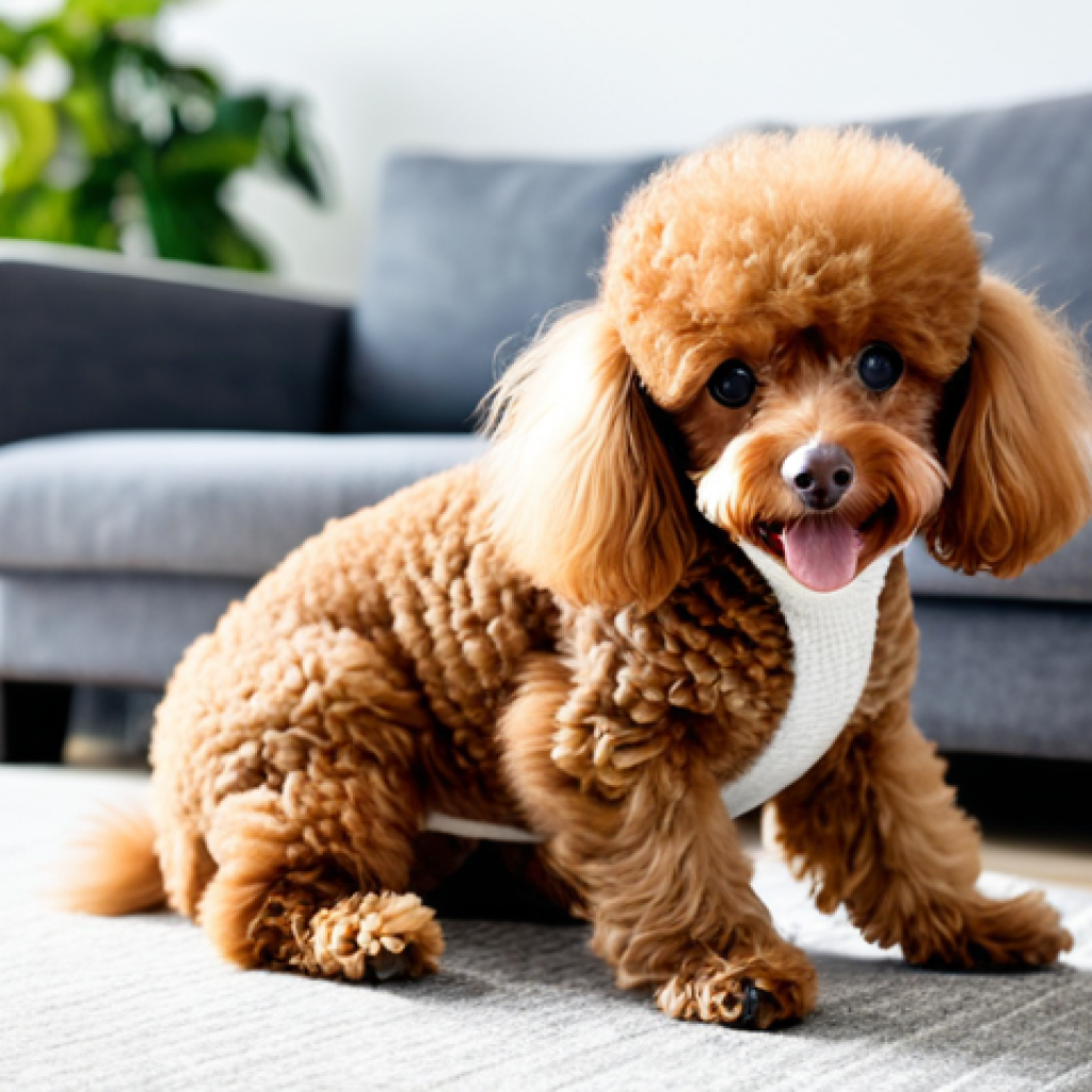 A small, energetic Toy Poodle, full of character, playing with a chew toy in a brightly lit, modern living room. The dog has a well-maintained, fluffy coat and is captured in a natural, playful pose. Warm, inviting atmosphere, soft natural light. Safe for work, appropriate content, family-friendly, fully clothed, perfect anatomy, correct proportions, natural body proportions, well-formed paws, professional photography, high quality, realistic.