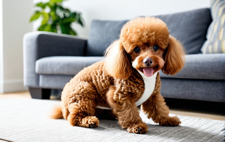 A small, energetic Toy Poodle, full of character, playing with a chew toy in a brightly lit, modern living room. The dog has a well-maintained, fluffy coat and is captured in a natural, playful pose. Warm, inviting atmosphere, soft natural light. Safe for work, appropriate content, family-friendly, fully clothed, perfect anatomy, correct proportions, natural body proportions, well-formed paws, professional photography, high quality, realistic.
