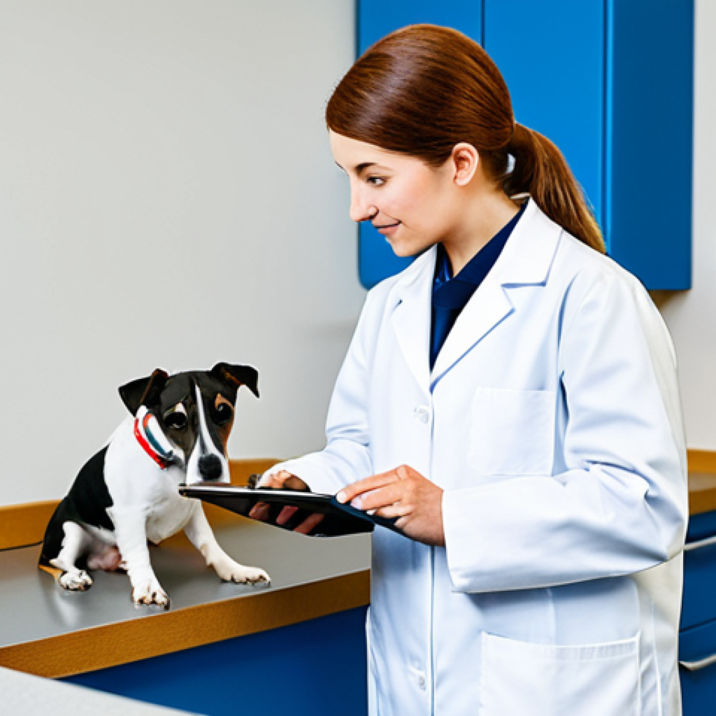 A professional veterinarian, fully clothed in a modest lab coat, stands in a clean, brightly lit modern veterinary clinic. On one side, a small, vibrant five-year-old Jack Russell Terrier with youthful energy. On the other side, a majestic five-year-old Great Dane showing subtle signs of graceful aging, both dogs healthy and well-cared-for. The veterinarian is looking thoughtfully at the dogs, perhaps holding a tablet. The scene conveys a focus on diverse canine aging. Professional dress, safe for work, appropriate content, fully clothed, modest clothing, perfect anatomy, correct proportions, natural pose, well-formed hands, proper finger count, natural body proportions, professional photography, high quality.