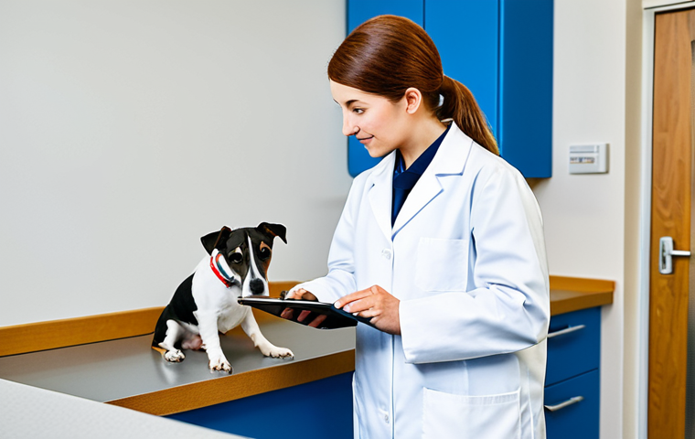 A professional veterinarian, fully clothed in a modest lab coat, stands in a clean, brightly lit modern veterinary clinic. On one side, a small, vibrant five-year-old Jack Russell Terrier with youthful energy. On the other side, a majestic five-year-old Great Dane showing subtle signs of graceful aging, both dogs healthy and well-cared-for. The veterinarian is looking thoughtfully at the dogs, perhaps holding a tablet. The scene conveys a focus on diverse canine aging. Professional dress, safe for work, appropriate content, fully clothed, modest clothing, perfect anatomy, correct proportions, natural pose, well-formed hands, proper finger count, natural body proportions, professional photography, high quality.