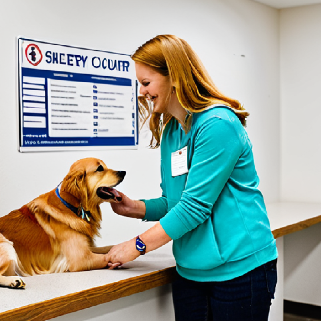 Dog Registration at a Local Shelter**

"A friendly animal shelter reception area. A woman in appropriate casual wear, fully clothed, is registering her Golden Retriever with a smiling volunteer behind the counter. The shelter is clean and well-lit, with informational posters on the walls. Focus on the interaction and the dog's registration tag. Safe for work, appropriate content, professional setting, perfect anatomy, correct proportions, well-formed hands, proper finger count, natural body proportions, fully clothed, modest attire."

**