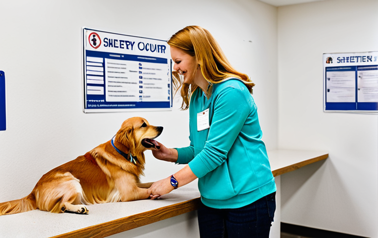 Dog Registration at a Local Shelter**
"A friendly animal shelter reception area. A woman in appropriate casual wear, fully clothed, is registering her Golden Retriever with a smiling volunteer behind the counter. The shelter is clean and well-lit, with informational posters on the walls. Focus on the interaction and the dog's registration tag. Safe for work, appropriate content, professional setting, perfect anatomy, correct proportions, well-formed hands, proper finger count, natural body proportions, fully clothed, modest attire."
**