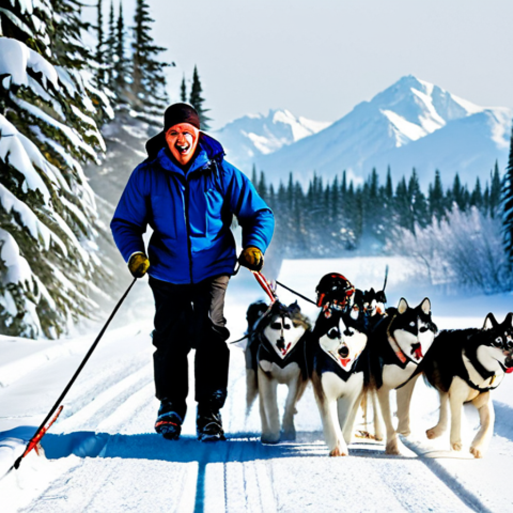 Husky in a Winter Wonderland**
"A fully clothed, professional dog musher in Alaska, leading a team of Huskies pulling a sled through a snowy landscape. The musher wears appropriate winter gear: a warm jacket, hat, and gloves. The Huskies are energetic and appear to be enjoying the race. Background: snow-covered mountains and evergreen trees. Safe for work, appropriate content, family-friendly, perfect anatomy, natural proportions, high quality."
**