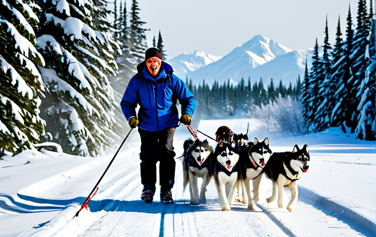 Husky in a Winter Wonderland**
"A fully clothed, professional dog musher in Alaska, leading a team of Huskies pulling a sled through a snowy landscape. The musher wears appropriate winter gear: a warm jacket, hat, and gloves. The Huskies are energetic and appear to be enjoying the race. Background: snow-covered mountains and evergreen trees. Safe for work, appropriate content, family-friendly, perfect anatomy, natural proportions, high quality."
**