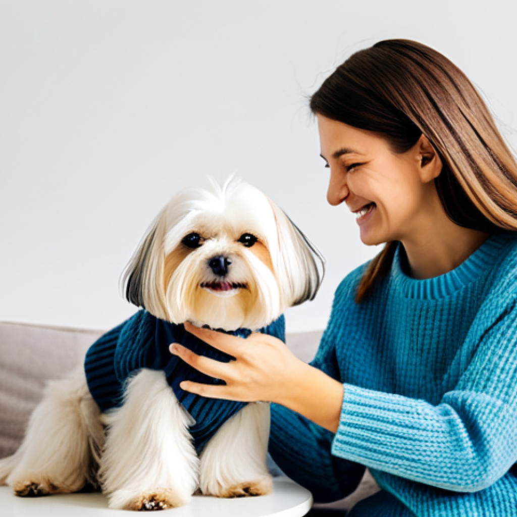 **Prompt:** A Maltese dog being gently brushed by its owner in a bright living room. The dog is fully clothed in a cute dog sweater, appropriate attire, safe for work. The owner is smiling and petting the dog. Perfect anatomy, correct proportions, natural pose, well-formed hands. Soft, diffused lighting, professional photography, high quality, family-friendly.