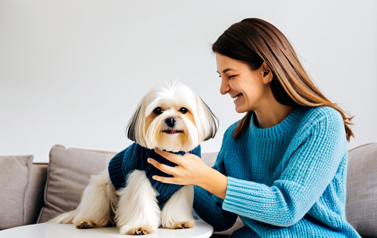 **Prompt:** A Maltese dog being gently brushed by its owner in a bright living room. The dog is fully clothed in a cute dog sweater, appropriate attire, safe for work. The owner is smiling and petting the dog. Perfect anatomy, correct proportions, natural pose, well-formed hands. Soft, diffused lighting, professional photography, high quality, family-friendly.
