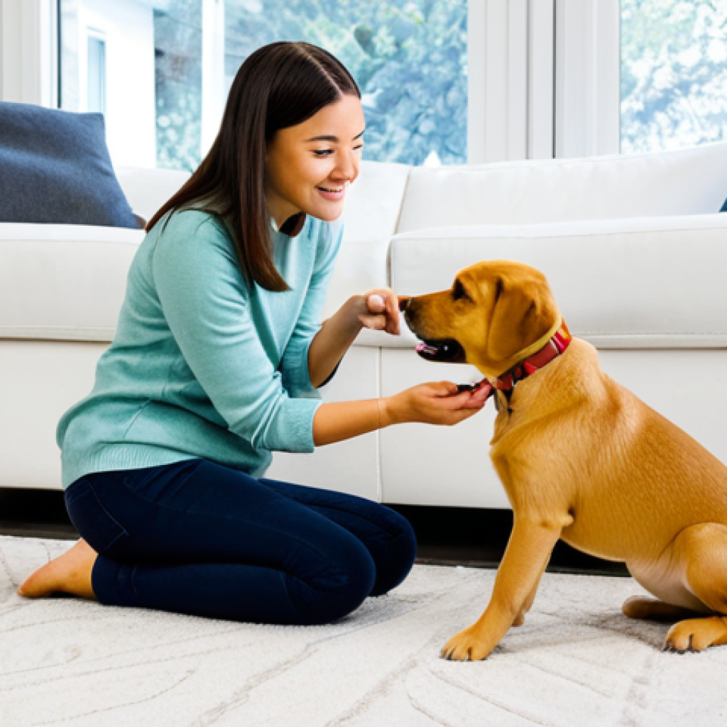 강아지 훈련 어플 추천 - **

"A woman training her Labrador Retriever puppy in a bright, modern living room. She is fully clo...
