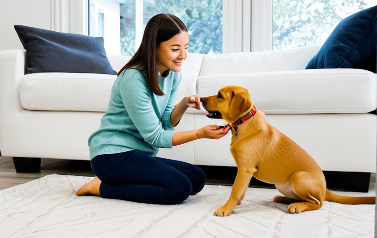 강아지 훈련 어플 추천 - **
"A woman training her Labrador Retriever puppy in a bright, modern living room. She is fully clo...