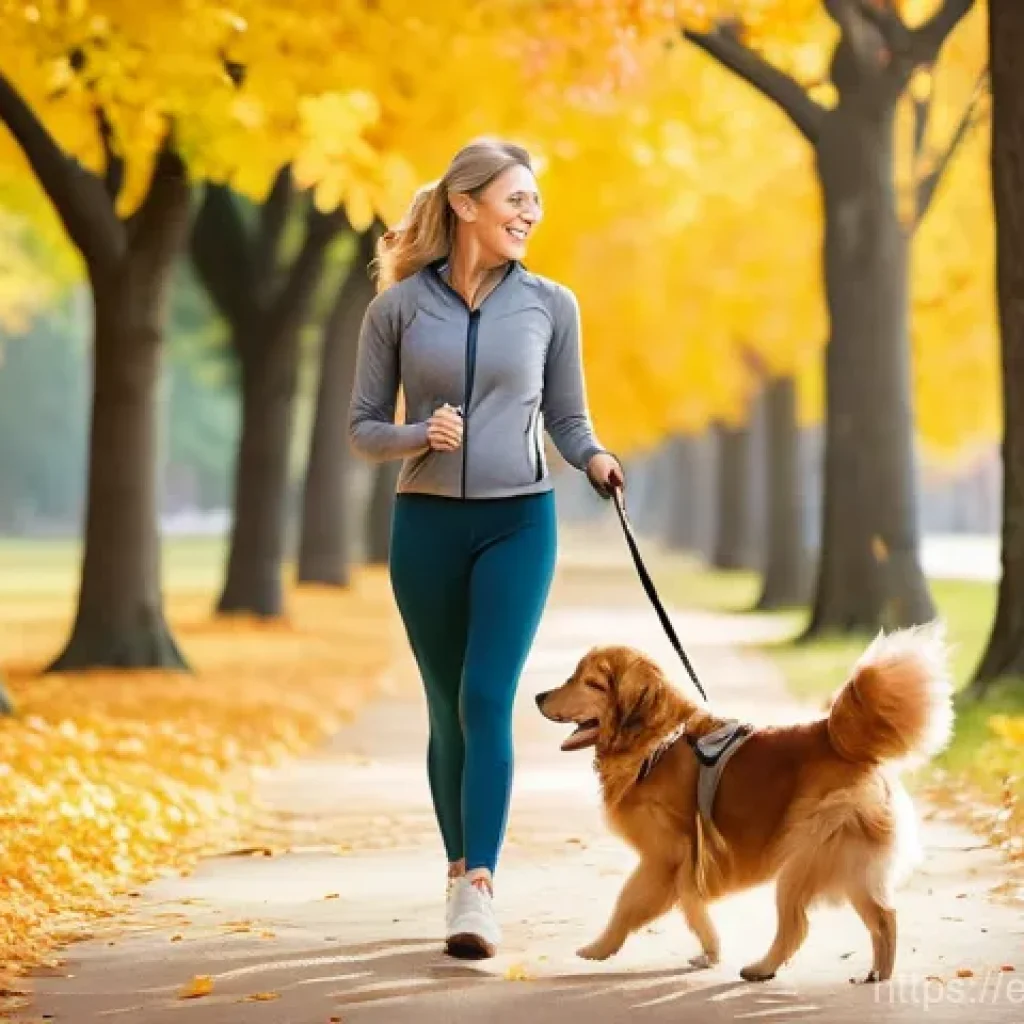 강아지 목줄 착용 팁 - **Prompt: The Harmonious Stroll**
    A happy, middle-aged woman with warm, friendly eyes walks her ...