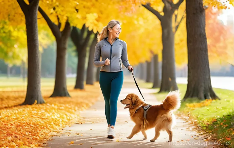 강아지 목줄 착용 팁 - **Prompt: The Harmonious Stroll**
    A happy, middle-aged woman with warm, friendly eyes walks her ...