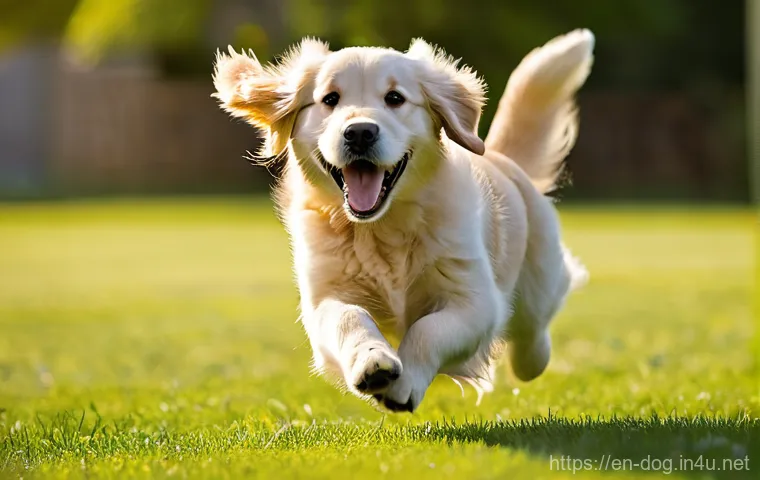 강아지 성별 차이점 - **Prompt:** A jubilant, mid-sized male Golden Retriever in a sun-drenched, green park, caught mid-le...