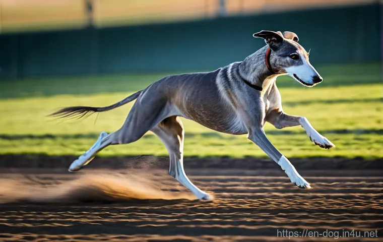 그레이하운드 달리기 능력 - **"A majestic Greyhound in full stride, captured at the apex of its double suspension gallop. The do...