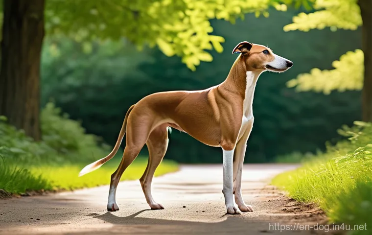 그레이하운드 달리기 능력 - **"A majestic Greyhound in full stride, captured at the apex of its double suspension gallop. The do...