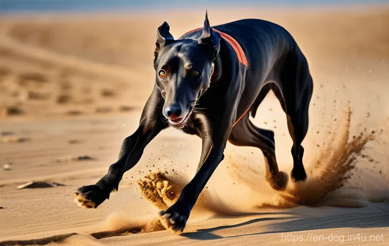 그레이하운드 달리기 능력 - **"A powerful, athletic Greyhound standing in a natural, alert pose, having just completed an intens...