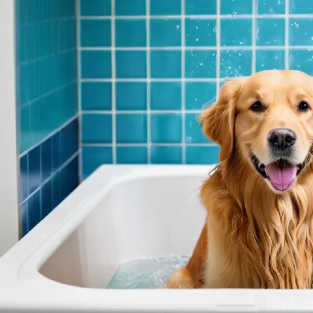 강아지 털 관리 제품 추천 - **Prompt:** A heartwarming scene of a cheerful Golden Retriever enjoying a bath in a bright, clean b...