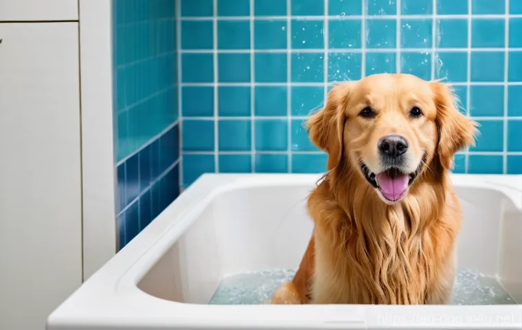 강아지 털 관리 제품 추천 - **Prompt:** A heartwarming scene of a cheerful Golden Retriever enjoying a bath in a bright, clean b...