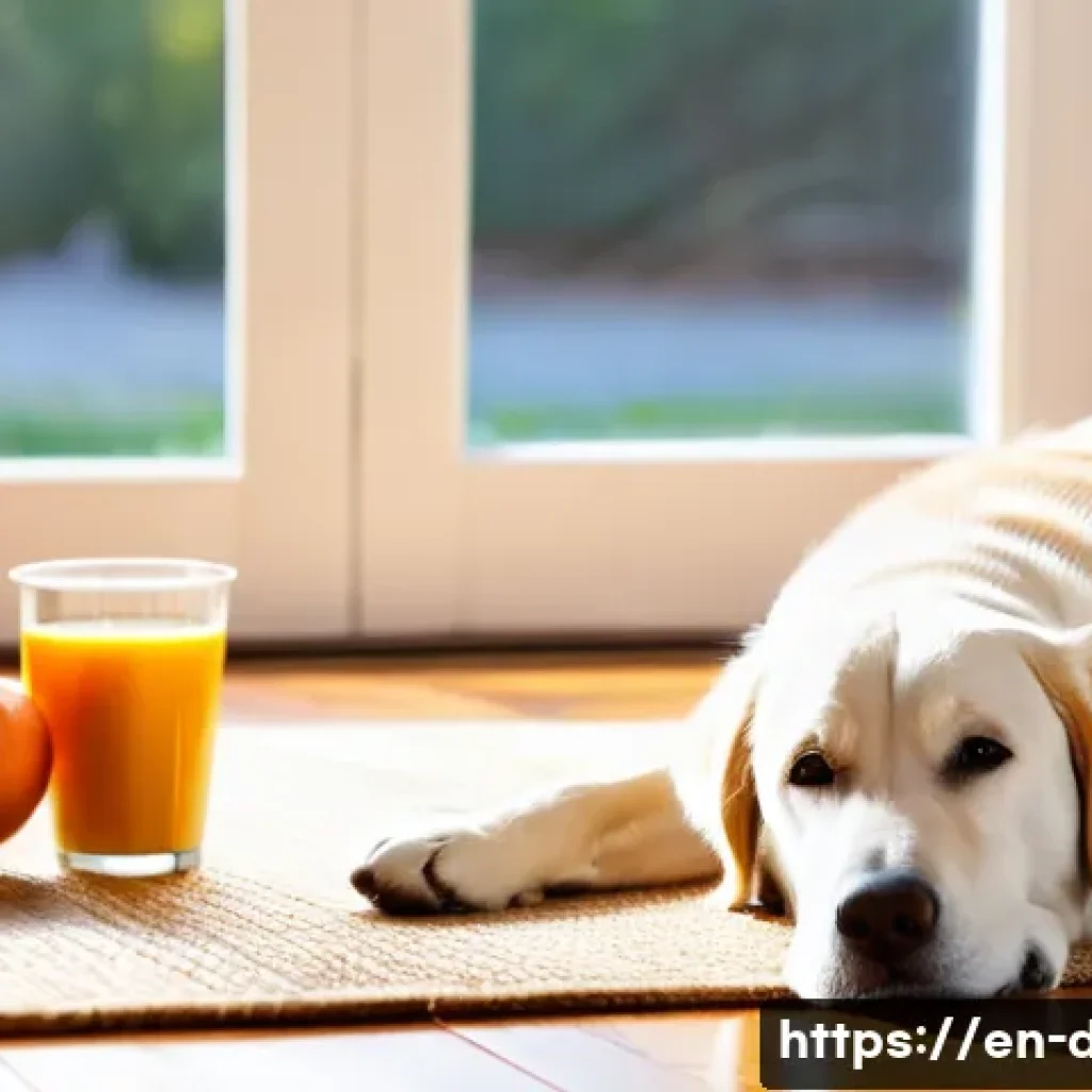 강아지의 소화 문제 해결 - A detailed, heartwarming scene of a medium-sized dog resting comfortably on a cozy living room floor...