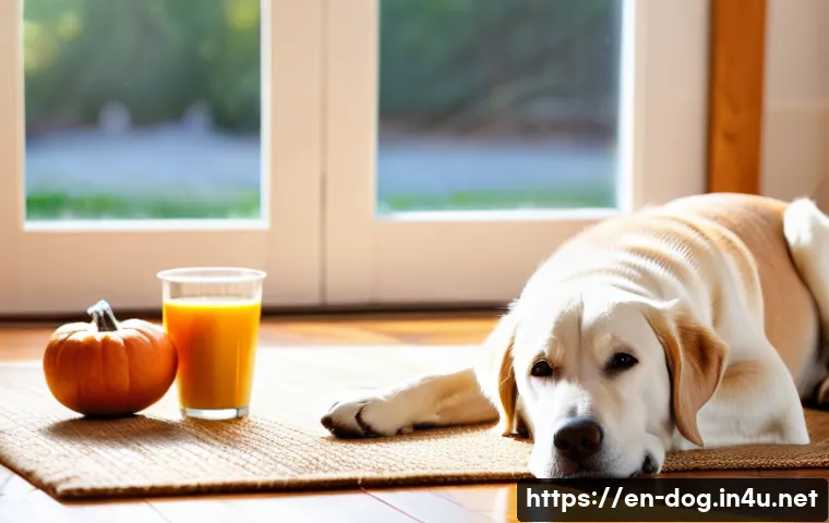 강아지의 소화 문제 해결 - A detailed, heartwarming scene of a medium-sized dog resting comfortably on a cozy living room floor...