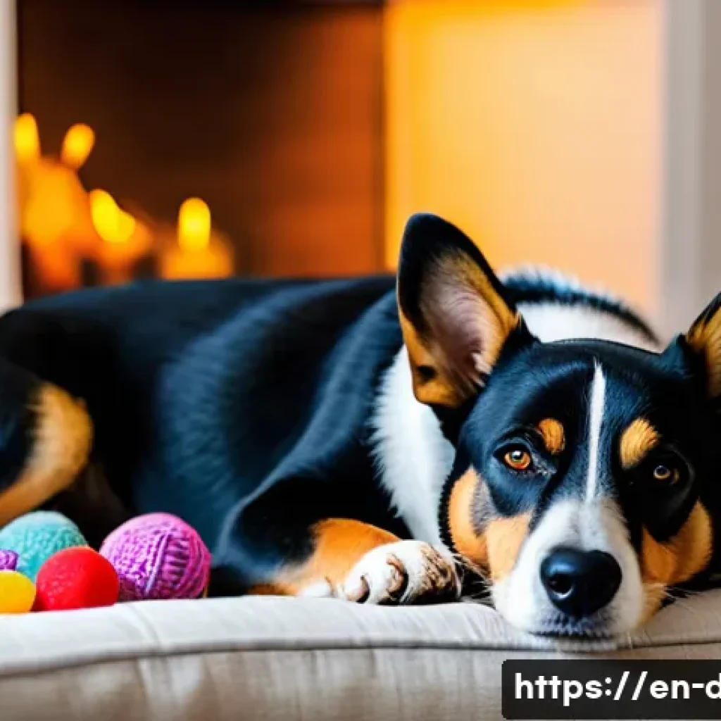 강아지 스트레스 해소법 - A cozy indoor scene showing a medium-sized dog resting peacefully in a quiet corner of a living room...