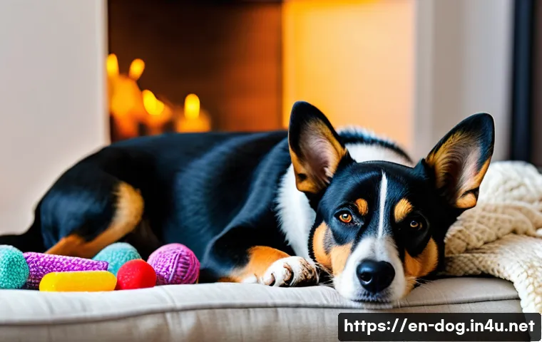 강아지 스트레스 해소법 - A cozy indoor scene showing a medium-sized dog resting peacefully in a quiet corner of a living room...