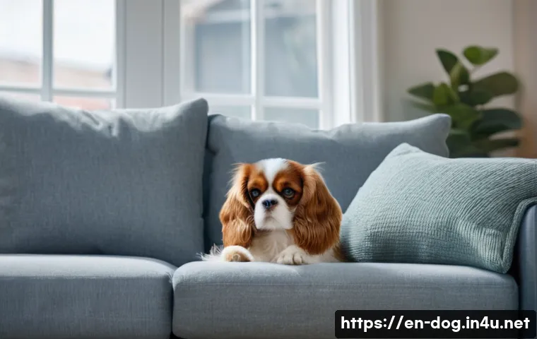 카발리에 킹 찰스 스패니얼 성격 - A cozy indoor scene featuring a small Cavalier King Charles Spaniel dog gently resting its head on a...