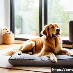 Home 21 강아지 키우는 재미 - A cozy indoor scene showing a golden retriever resting peacefully in a plush dog bed inside a quiet ...