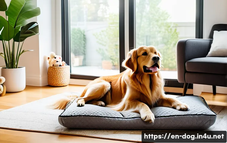 강아지 키우는 재미 - A cozy indoor scene showing a golden retriever resting peacefully in a plush dog bed inside a quiet ...