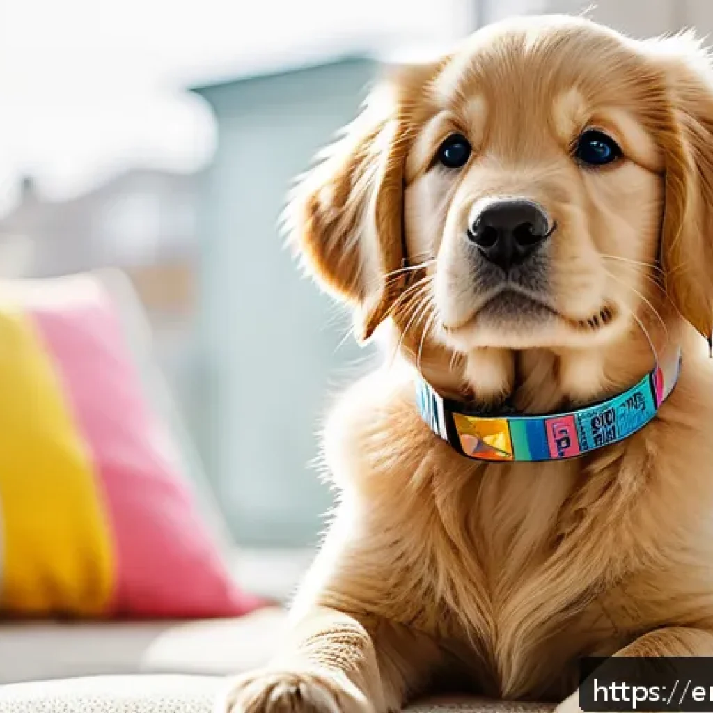 강아지 이름 추천 - A lively golden retriever puppy wearing a cute, colorful collar, sitting happily in a bright, modern...