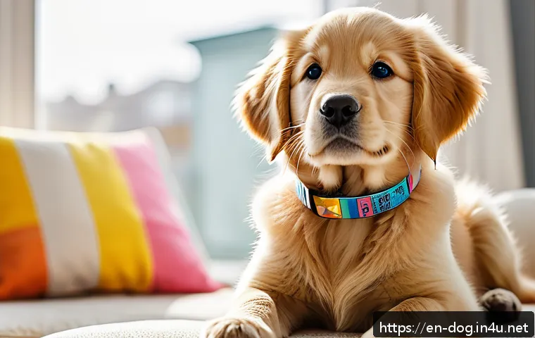 강아지 이름 추천 - A lively golden retriever puppy wearing a cute, colorful collar, sitting happily in a bright, modern...