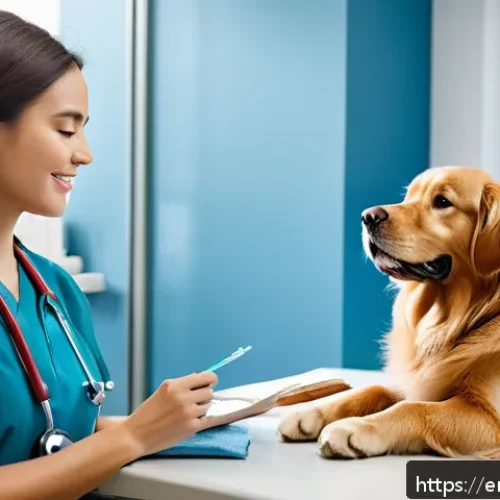 Home 31 강아지 건강검진 추천 - A caring veterinarian in a bright, modern clinic gently examining a medium-sized golden retriever du...