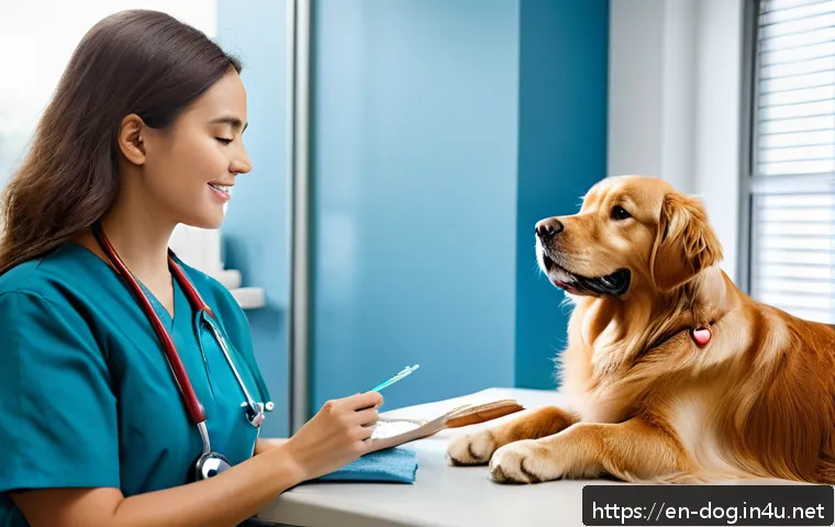 강아지 건강검진 추천 - A caring veterinarian in a bright, modern clinic gently examining a medium-sized golden retriever du...
