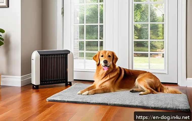 강아지 털 알러지 방지법 - A bright, modern living room with hardwood floors and washable area rugs, featuring a sleek air puri...