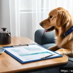 Home 23 강아지 보험 선택 가이드 - A cozy home scene featuring a medium-sized Golden Retriever wearing a comfortable dog collar, sittin...