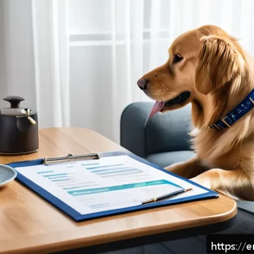 Home 17 강아지 보험 선택 가이드 - A cozy home scene featuring a medium-sized Golden Retriever wearing a comfortable dog collar, sittin...