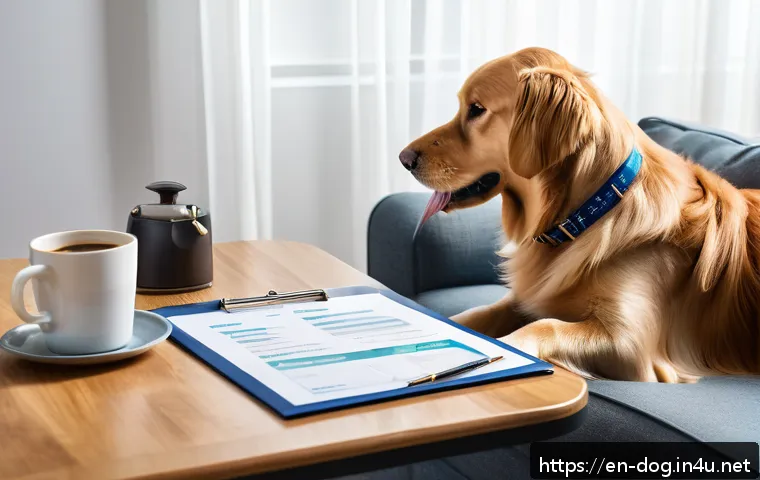 강아지 보험 선택 가이드 - A cozy home scene featuring a medium-sized Golden Retriever wearing a comfortable dog collar, sittin...