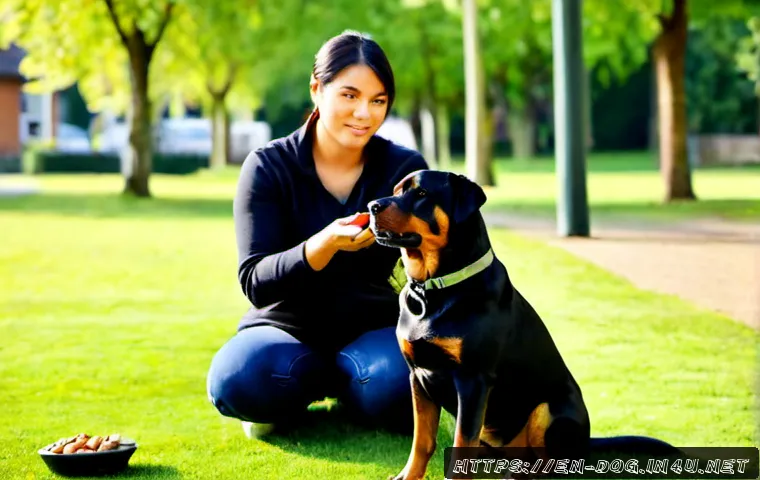 로트와일러 성격 및 훈련법 - Photorealistic adult Rottweiler sitting calmly beside a professional dog trainer in a quiet suburban...