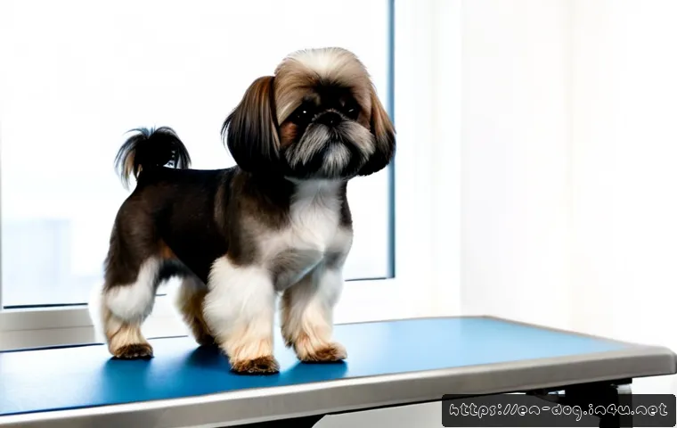 시추 털 커트 스타일 - Photorealistic Shih Tzu with a neat teddy bear haircut, rounded face, softly trimmed ears, fluffy pa...
