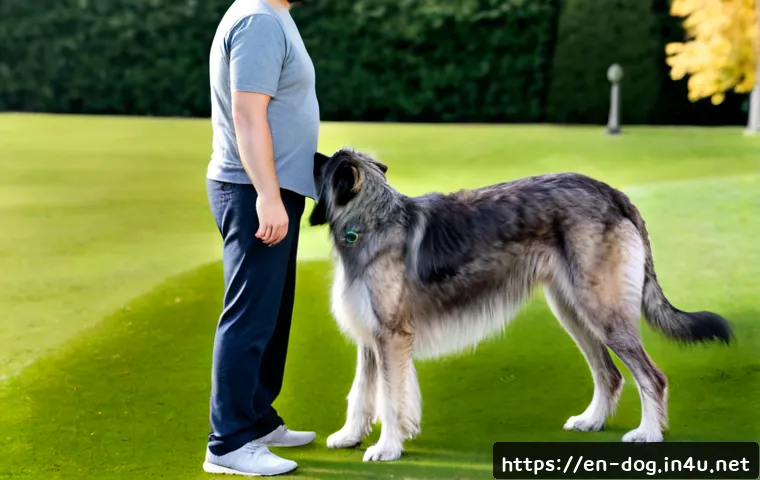 아이리쉬 울프하운드 크기 - Photorealistic full-body comparison of an enormous Irish Wolfhound standing calmly beside an average...