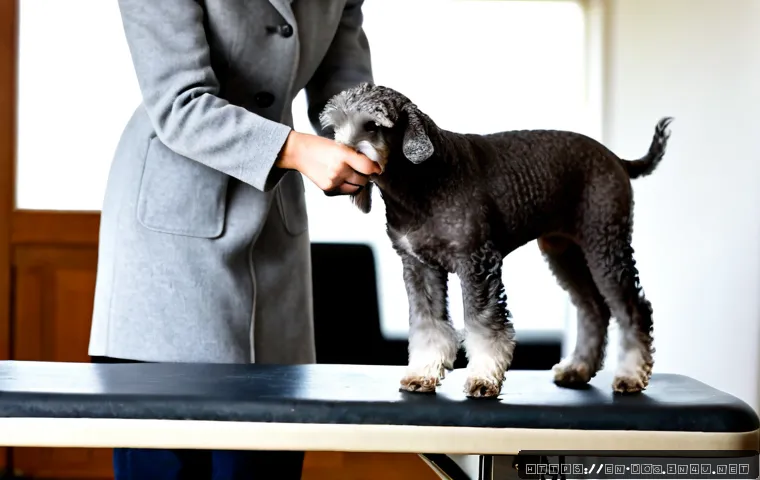 베들링턴 테리어 털 관리 - Photorealistic Bedlington Terrier with its distinctive curly silver-gray coat standing calmly on a c...