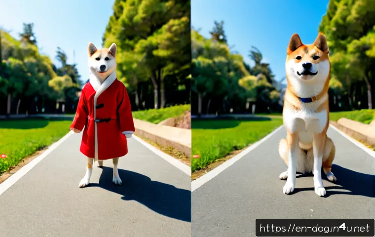 진돗개와 시바견의 차이 - Photorealistic side-by-side comparison of a Korean Jindo and a Shiba Inu standing calmly on a sunlit...