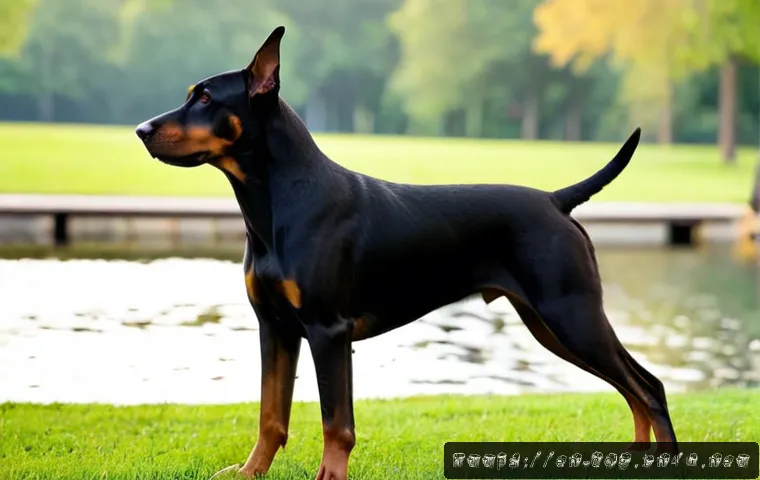 도베르만과 로트와일러 비교 - Photorealistic side-by-side comparison of an alert Doberman Pinscher and a sturdy Rottweiler standin...