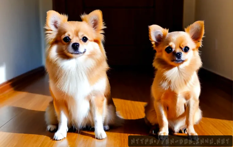 Home 17 포메라니안과 치와와 비교 - Photorealistic side-by-side comparison portrait of a fluffy orange Pomeranian and a smooth-coat tan ...