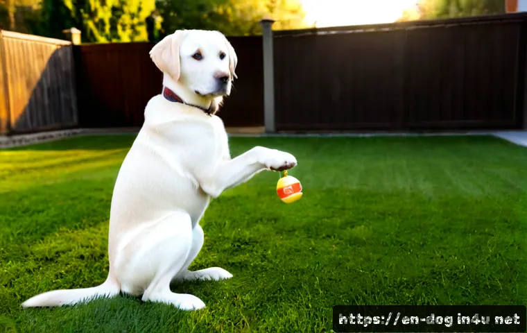 래브라도 훈련법 - Photorealistic Labrador Retriever puppy learning “sit” in a bright suburban backyard, friendly adult...